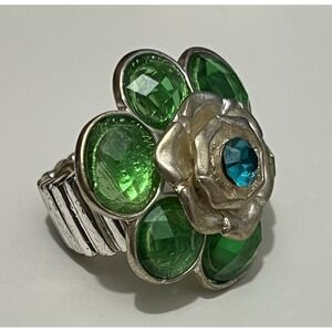 Green‎ And Teal Blue Metal Flower Scalloped Chunky Statement Adjustable Ring